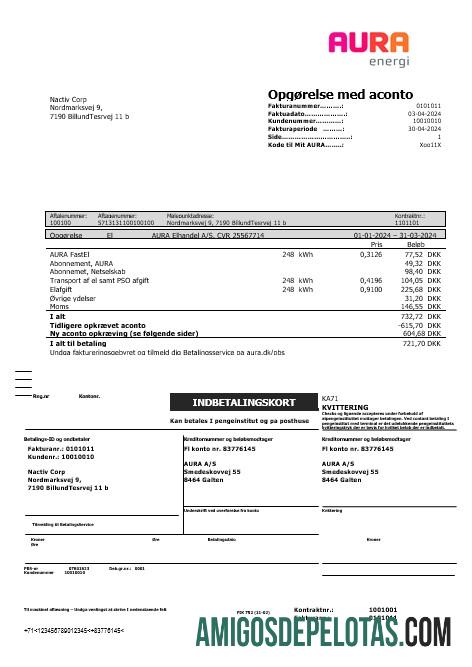 realista Modelo de conta de serviços públicos AURA Energi da Dinamarca em formatos Word e PDF